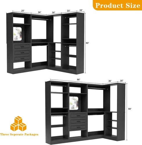 Vista 3 de Unikito Sistema de armario con cajones, sistema modular de organizador de armario de esquina de 86 pulgadas con espejo, organizador de armario