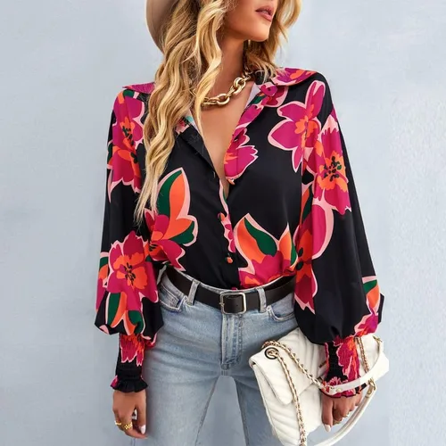 Vista 6 de AELSON Blusa de manga larga con cuello en V y estampado floral para mujer, estilo bohemio, con botones