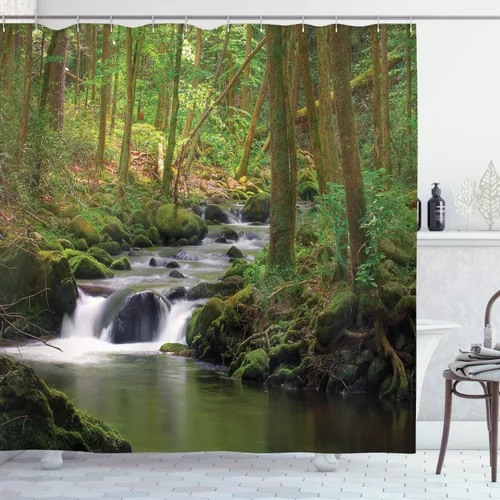 Vista 51 de Ambesonne Cortina de ducha de gato, diseño bohemio de estilo étnico con poses de gatitos sentados y acostados, juego de decoración de baño de tela