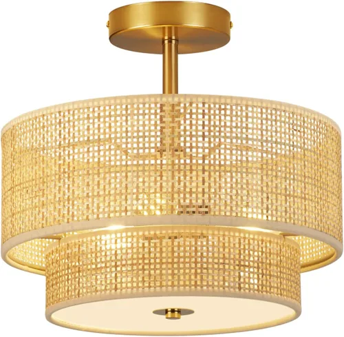 Vista 8 de Lámpara bohemia para techo, 13 pulgadas, lámpara de techo semiempotrada de 13 pulgadas, candelabro de granja de 3 luces, lámpara de techo de ratán