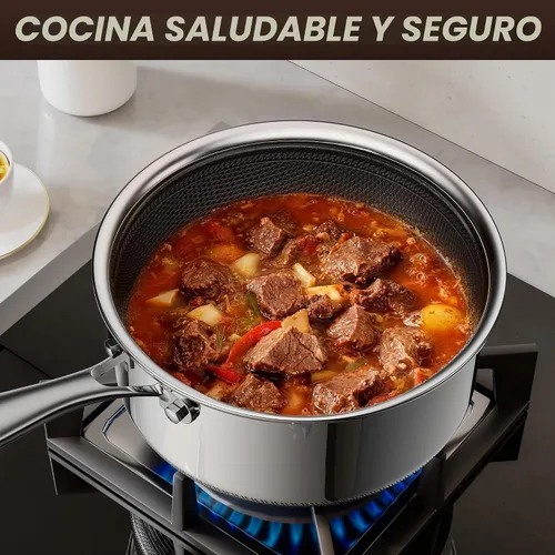 Vista 8 de Cacerola de acero inoxidable de 1 cuarto de galón con tapa de vidrio, sartén antiadherente híbrida de 6 pulgadas, sin PFAS PFOA PTFE, mango que se
