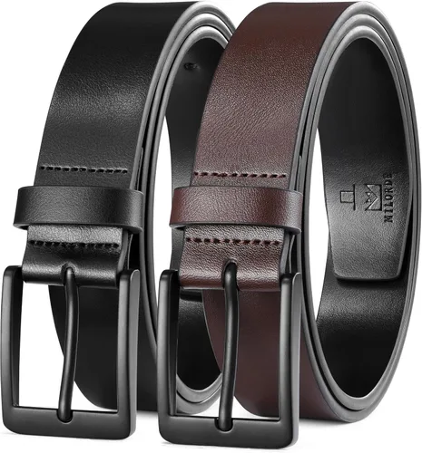 Vista 13 de MILORDE Cinturón de vestir de cuero para hombre, 2 unidades, hecho a mano, cuero genuino, diseños clásicos y modernos para el trabajo, negocios