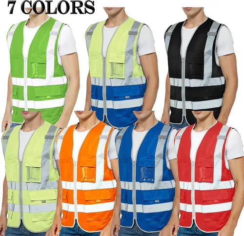 Vista 4 de TopTie Personaliza tu logotipo reflectante chaleco de seguridad cremallera frontal con 9 bolsillos, cumple con las normas ANSI/ISEA Clase 2