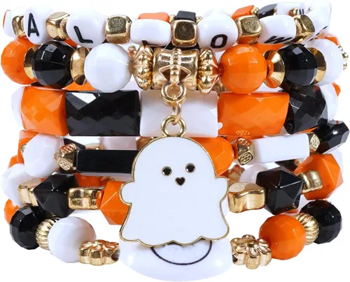 Vista 15 de Ardorchid Pulseras de Halloween para Mujeres Calabaza Fantasma Esqueleto Murciélago Calavera con Cuentas Apilables Elásticas Rugby Acción de Gracias