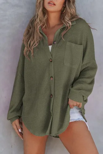 Vista 2 de SHEWIN Women's Waffle Knit Button Down Shirts Casual Long Sleeve Shacket Jacket Boyfriend Tops Blouses Loose Fit