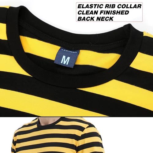 Vista 3 de Casual Black White Striped T-Shirt Mens Long Sleeve Cotton Spandex Crewneck Manga larga (negro y amarillo)