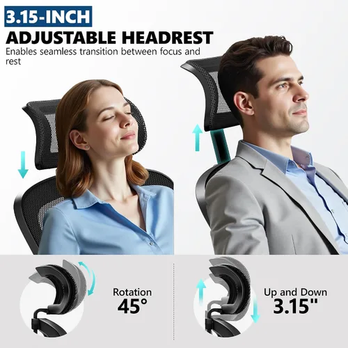 Vista 8 de Silla de oficina ergonómica, silla de escritorio de malla con reposacabezas ajustable y soporte lumbar, silla de computadora con ruedas con Negro