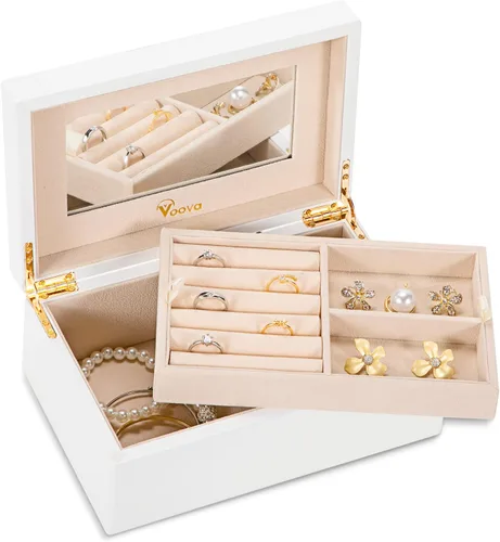 Vista 2 de Voova Joyero organizador de madera para mujeres y adolescentes y niñas, estuche de joyería de madera de pintura de piano de lujo con espejo, cajas