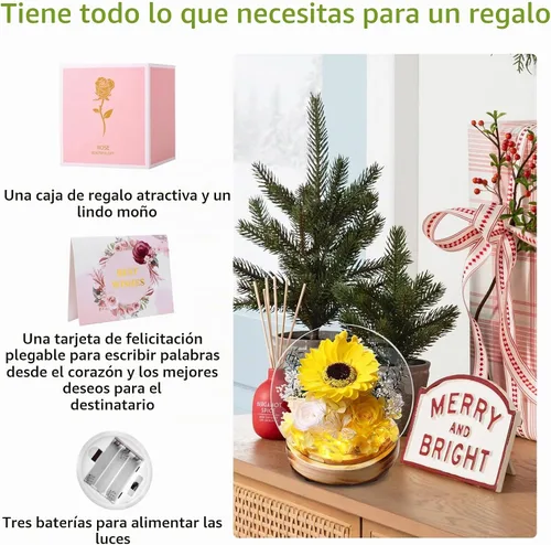 Vista 5 de Domo de Vidrio con Girasoles y Rosas Preservadas y Luces LED, Base de Madera, para el Día de San Valentín, Día de la Madre, Cumpleaños, Navidad