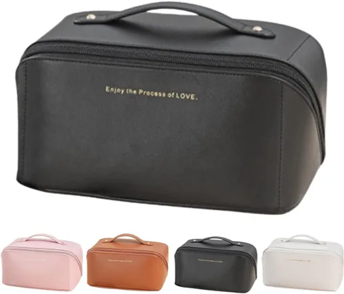 Vista 24 de Bolsas de maquillaje a cuadros de gran capacidad, bolsas de cosméticos portátiles de viaje, bolsa de aseo abierta y plana para mujeres y niñas