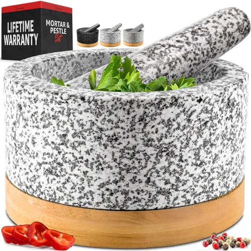Vista 14 de Priority Chef Juego de mortero y mazo de alta resistencia con base de bambú, molinillo de piedra de granito 100% natural, tazón y machacador de Negro