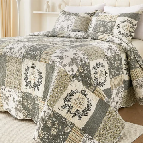 Vista 18 de Cmfshape - Juego de cama con edredón acolchado floral de verano tamaño king, juego de colcha rosa romántico, cubrecama reversible cosido para todas
