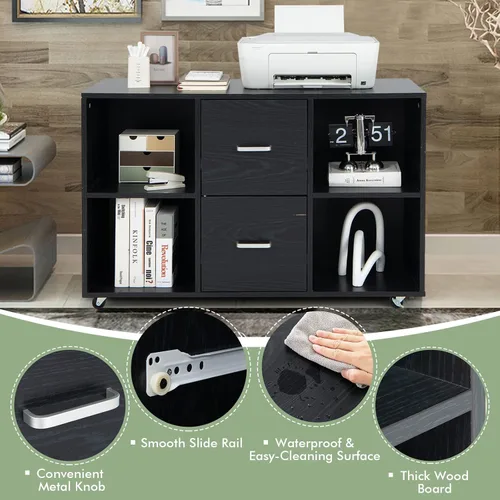 Vista 6 de Archivador de 2 cajones, archivador lateral con estantes y ruedas, aparador de buffet negro, gabinete de almacenamiento rodante, gabinetes de madera