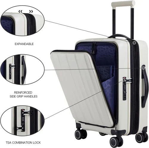 Vista 2 de VERAGE Greenwich EXT equipaje de mano, maleta rígida con ruedas giratorias con bolsillo frontal para viajes, aprobado por la TSA, Blanco, Recyle