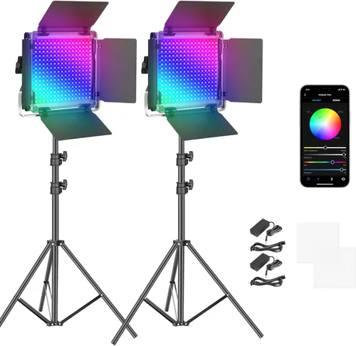 Vista 10 de NEEWER 2 paquetes de 480 luces LED RGB con control de aplicación, kit de iluminación de video fotográfico con soportes y bolsa, 480 LED SMD