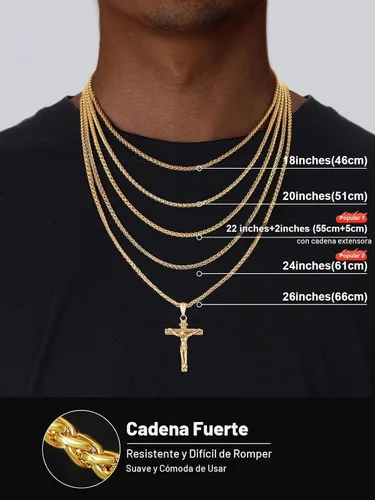 Vista 3 de U7 Collar de cruz de crucifijo para hombre, con cadena de 18 a 26 pulgadas 01.Dorado