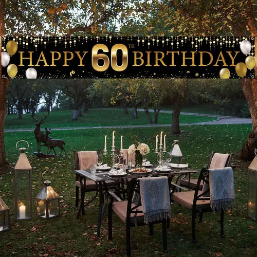 Vista 4 de Cartel decorativo de 60 cumpleaños para patio, decoración de feliz cumpleaños 60 para hombres y mujeres, cartel de fiesta de cumpleaños negro dorado
