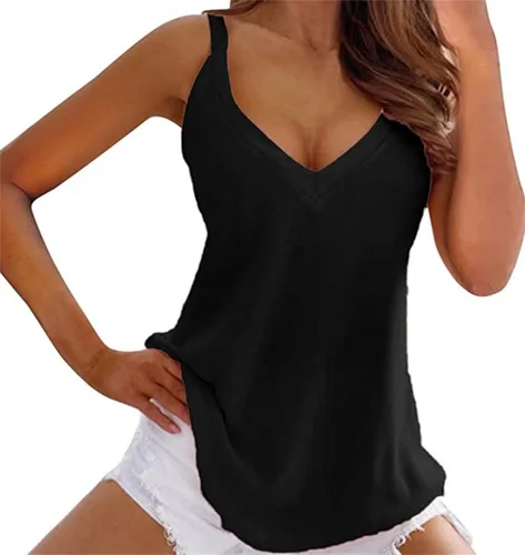 Vista 2 de Camisa de verano para mujer, casual, cuello en V, sin mangas, chaleco de color sólido, camiseta sin botones, sin mangas, novedad en 2022