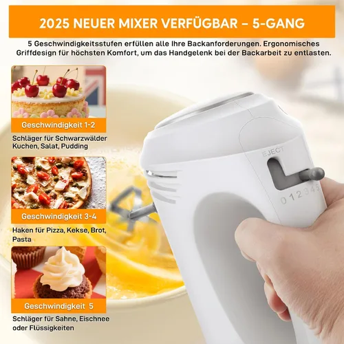 Vista 2 de Hand Mixer 350 Watt, 5 Speeds, Stainless Steel Whisk & Dough Hook (Dishwasher Safe), Ergonomic Handle, Long Cable, BPA Free - White KS1