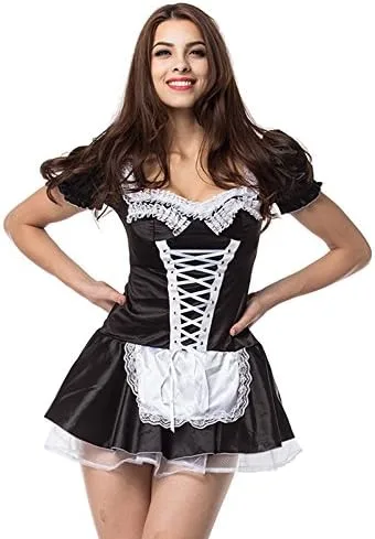 Vista 9 de Disfraz de sirvienta francesa para mujer, sexy, negro, satén, talla S-5XL
