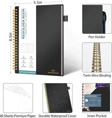 Vista 6 de Regolden-Book Cuaderno en espiral sin fecha de puntos, tamaño A5, cuaderno de diario con cuadrícula media, cuaderno espiral grueso con portapluma