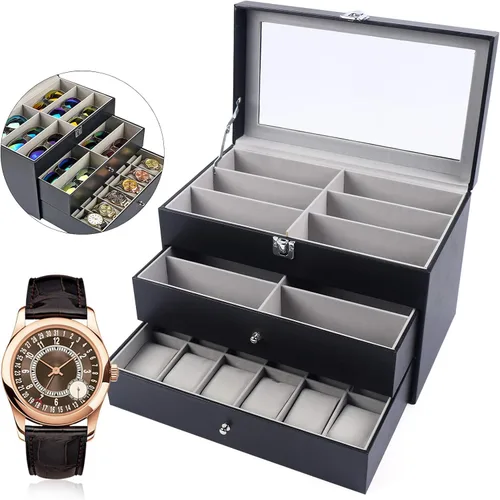 Vista 4 de Caja de cuero para 12 relojes y 12 piezas de almacenamiento para lentes y gafas de sol, cajón con cerradura con cerradura, color negro