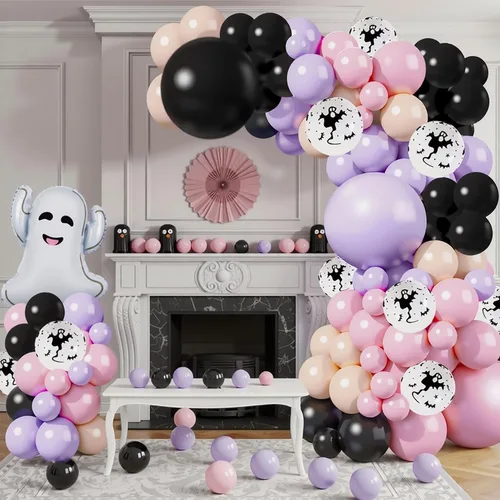Vista 2 de Kit de guirnalda de arco de globos de Halloween rosa, globos de 18 pulgadas, 10 pulgadas, 5 pulgadas, negro, rosa, morado con globos de aluminio