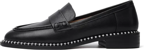 Vista 2 de FOGEENA Mocasines de cuero mate para mujer, estilo casual, sin cordones, punta redonda, tacón bajo grueso, zapatos de vestir de 1 pulgada