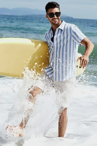 Vista 5 de JMIERR - Camisa de vestir informal de manga corta con botones y rayas para hombre camisa de algodón