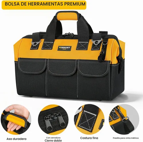 Vista 3 de WINHUNT Bolsa de herramientas premium, 14 bolsillos, 18 pulgadas, negro/amarillo, correa de hombro ajustable