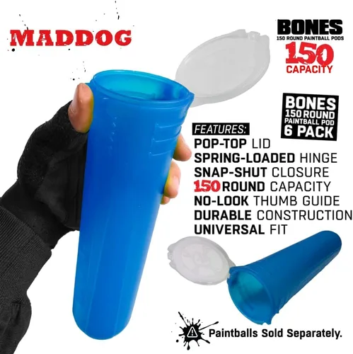 Vista 5 de Maddog 150 cápsulas redondas de paintball de huesos Tubos duraderos de recarga rápida para torneos y recreativos Speedball Woodsball Paquete de 6