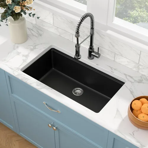 Vista 3 de Sarlai 33 Fregadero de cocina compuesto de granito - 33 x 19 pulgadas Granito negro bajo encimera Fregadero de trabajo de borde negro mate Granito