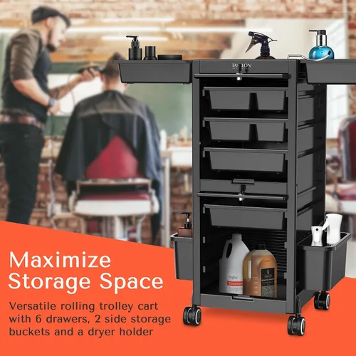Vista 6 de TASALON Carrito de salón con cerradura de alta calidad con ruedas y 6 cajones y 2 cubos, carrito versátil para peluquería, tatuaje, peluquero