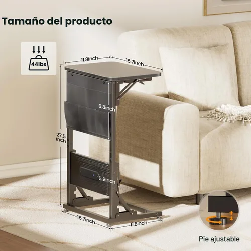 Vista 3 de HLDIRECT - Mesa auxiliar en forma de C con estación de carga, mesa lateral para sofá con bolsa de almacenamiento, bandeja para TV ajustable