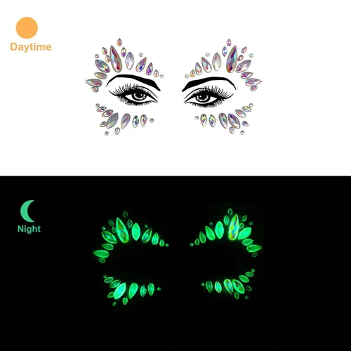 Vista 2 de Gemas faciales 4 hojas de joyas para la cara pegadas en diamantes de imitación, calcomanías de cristal luminoso, piedras preciosas temporales