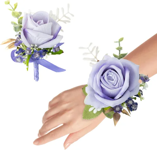 Vista 8 de Juego de ramillete y boutonniere para novio, novia, padrinos de boda, fiesta de graduación, rosas artificiales para hombres, boda, madre, abuela