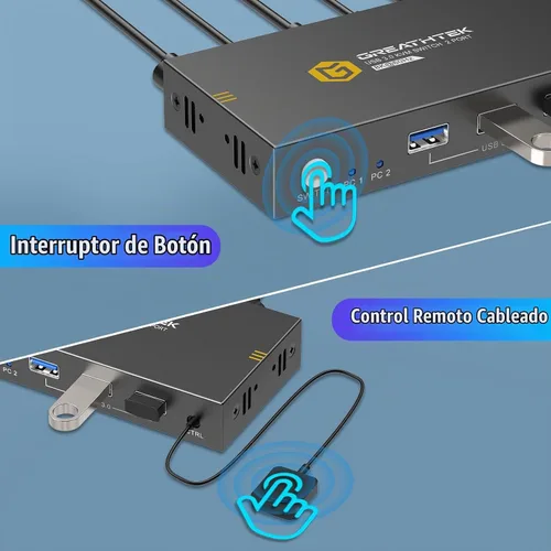 Vista 5 de Conmutadores KVM de 2 puertos 8K a 60Hz, interruptor KVM GREATHTEK HDMI Compartir dispositivos USB con 3 concentradores USB3.0, 2 computadoras, 1