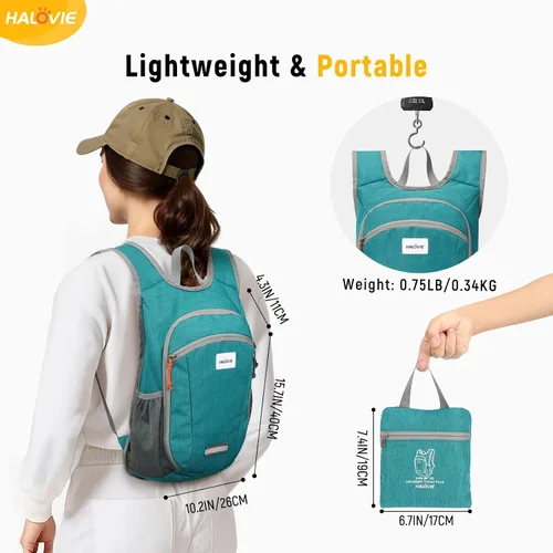 Vista 2 de HALOVIE Mochila pequeña de senderismo 10L, mochila ligera plegable y de día, mochila de viaje plegable para mujeres y hombres (Cian)