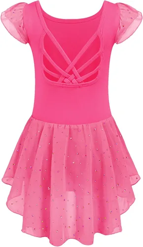 Vista 20 de Arshiner - Malla de ballet con mangas de volantes brillantes y falda con espalda cruzada para niñas Floral rosa aguamarina