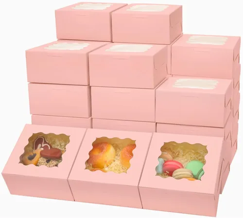 Vista 10 de Bakepacker 60 cajas de papel kraft para panadería con ventana de 6 x 6 x 3 pulgadas de grosor y resistentes cajas de pastelería de macarrones