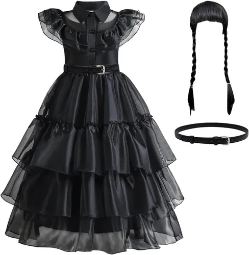 Vista 2 de Disfraz de Miércoles Negro para Niñas para Niñas, Halloween, cosplay, Vestidos de fiesta familiar con cinturón y peluca de 4 a 13 años