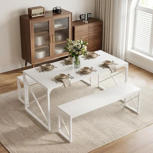 Vista 13 de VECELO Juego de mesa de comedor de cocina de 55 pulgadas para 4, marco de acero resistente y mesa de grano de madera, juegos de comedor que ahorran