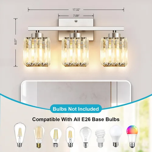Vista 3 de GOLSPARK Crystal Bathroom Vanity Light, Brushed Nickel, 3 Light, Square Modern Bathroom Light Fixtures, Vanity Lighting Over Mirror, Wall Sconce