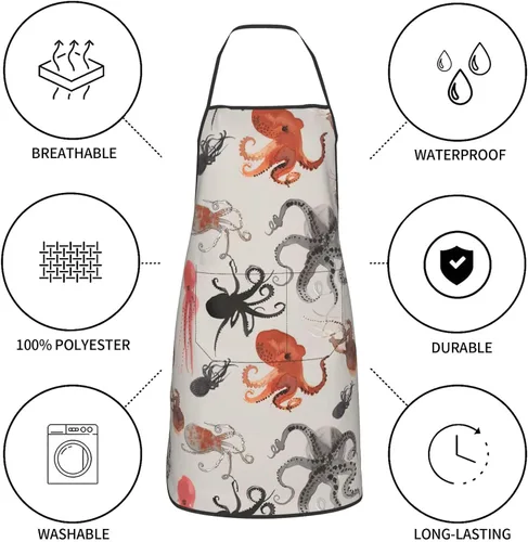 Vista 8 de BREAUX Color Octopus Print Apron, Apron With Pockets, Adjustable Bib Apron, Chef'S Apron, Bbq Apron, White