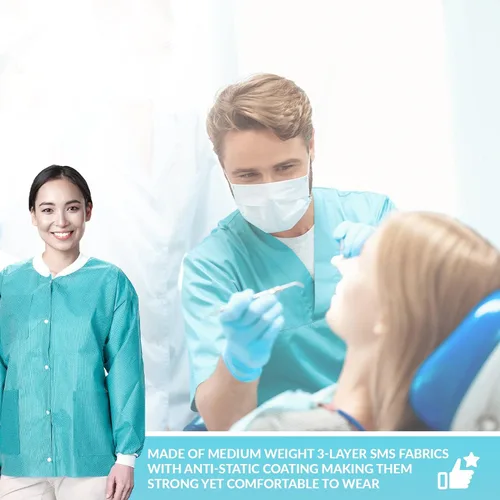 Vista 6 de Paquete de 10 chaquetas desechables de laboratorio, chaqueta médica reutilizable hasta la cadera, unisex, con puños de punto y bolsillos
