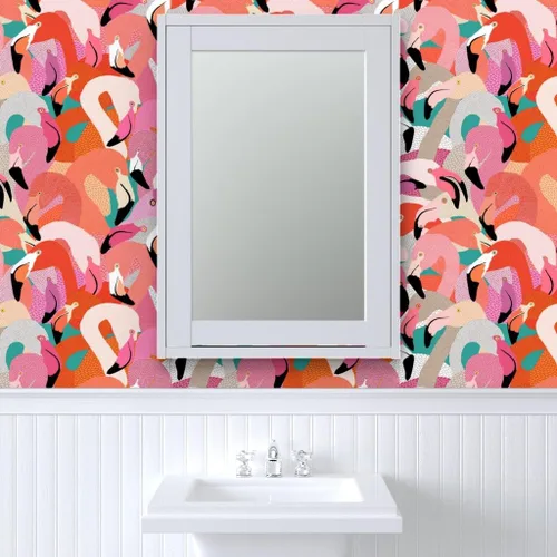 Vista 9 de Spoonflower Despegar y pegar muestra de papel tapiz - Naranja Rosa Grande Flamenco Pájaro Plumas Tropical Florida Coastal Collage Ilustración Casa