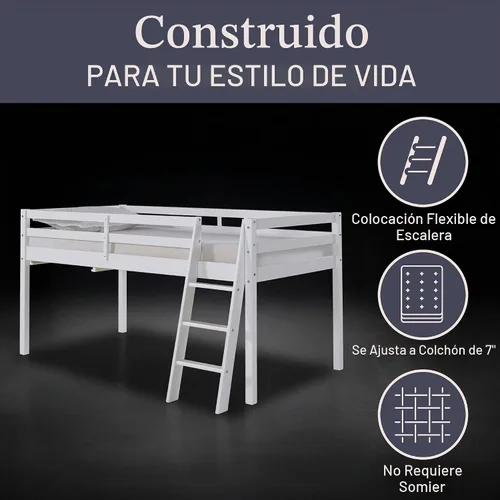 Vista 5 de Alaterre Furniture Roxy - Cama tipo loft individual – Cama baja tipo loft con escalera, barandillas de seguridad y espacio debajo de la cama