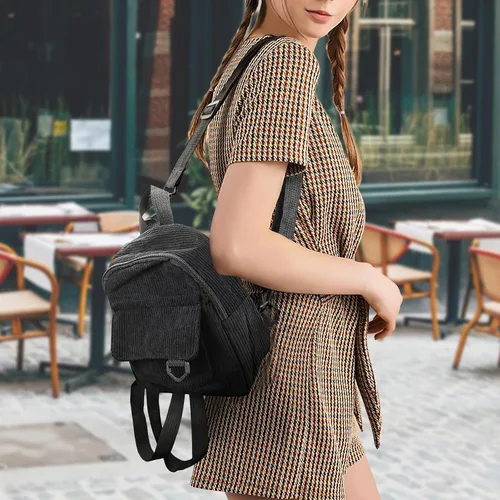 Vista 5 de Mochilas de moda para mujer, mochila de pana para mujer, mochila portátil, mochila pequeña, Marrón, Moda
