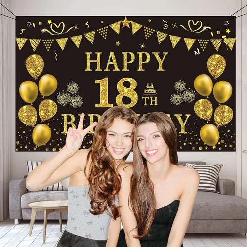 Vista 3 de Trgowaul Decoraciones de cumpleaños número 18 para hombres, pancarta de fondo negro y dorado de 5.9 x 3.6 pies, suministros de fotografía de feliz