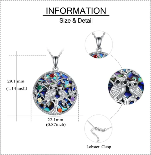 Vista 5 de ONEFINITY Collar de plata de ley con diseño de árbol de la vida, diseño de búho, regalo de joyería para mujer